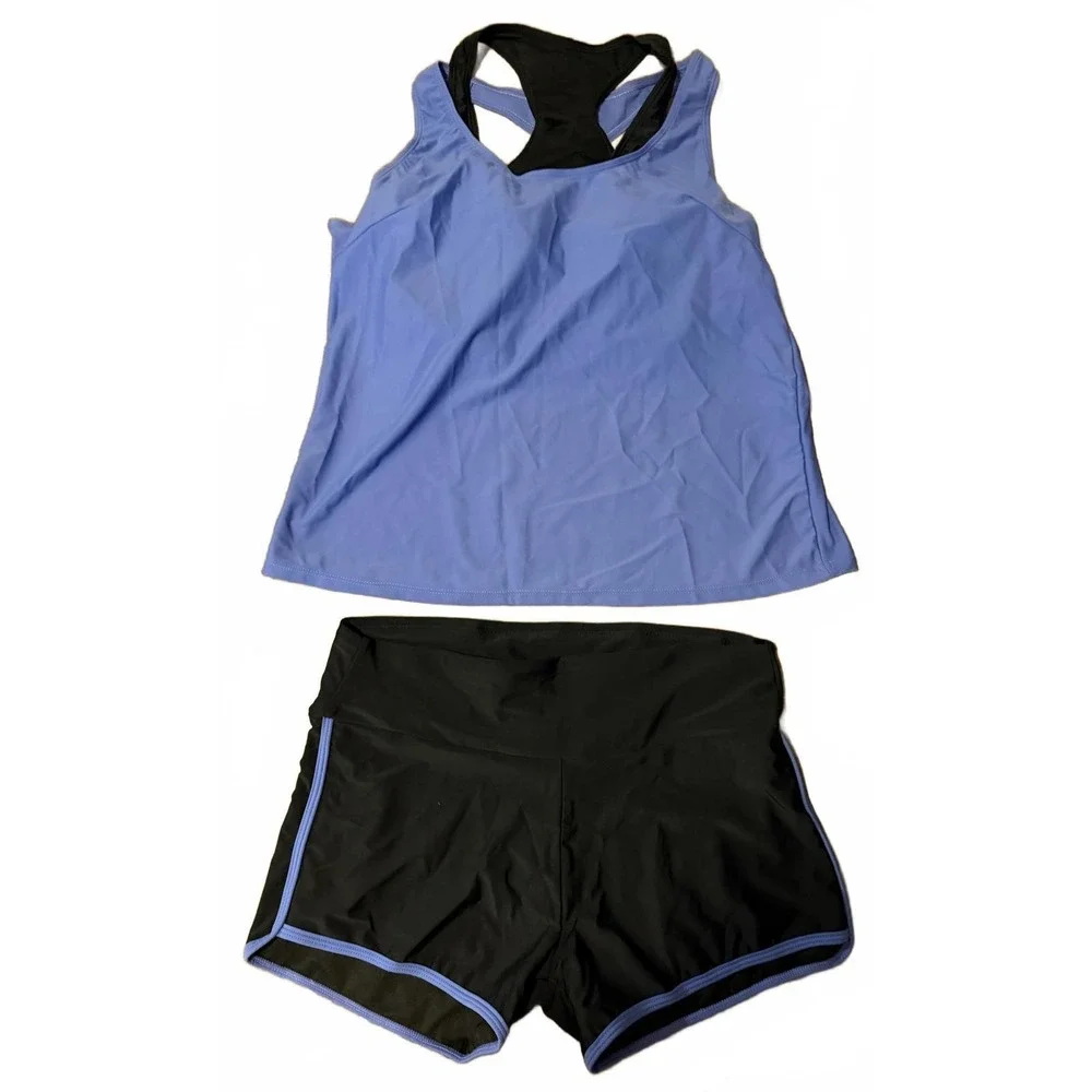 Women's Activewear Tank Top and Shorts Set - Size Large Purple and Black 3 Piece